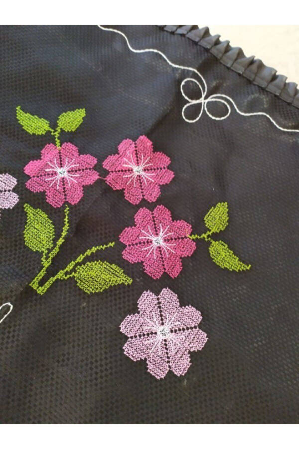 Black Floral Cross-Stitch Garden Rug - 2