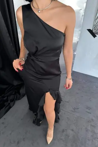 Black Flounced Satin Evening Dress - 3