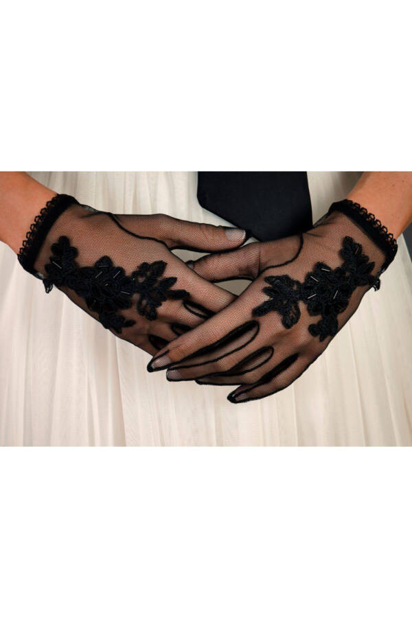 Black French Lace Bridal Gloves - 3