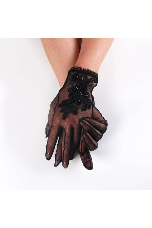 Black French Lace Bridal Gloves - 4