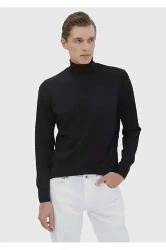 Black Full Fisherman Neck Plain Knit Wool Blend Sweater - 1