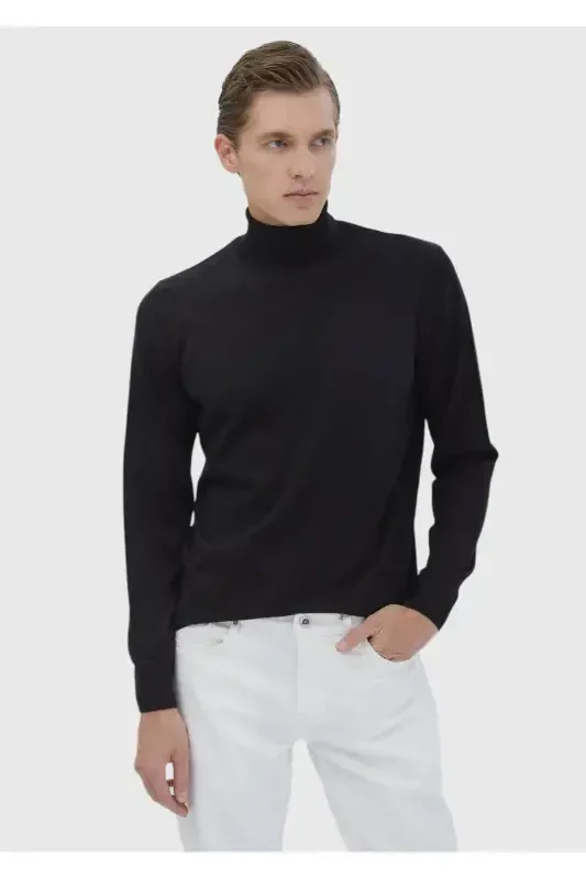 Black Full Fisherman Neck Plain Knit Wool Blend Sweater - RAMSEY