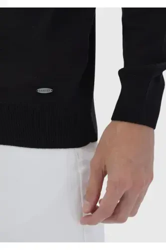 Black Full Fisherman Neck Plain Knit Wool Blend Sweater - 5