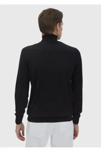 Black Full Fisherman Neck Plain Knit Wool Blend Sweater - 6