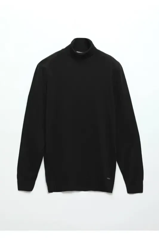 Black Full Fisherman Neck Plain Knit Wool Blend Sweater - 7