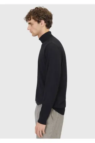 Black Full Fisherman Neck Plain Knit Wool Blend Sweater - 3