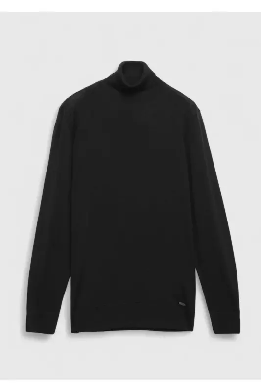 Black Full Fisherman Neck Plain Knit Wool Blend Sweater - 6