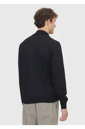 Black Full Fisherman Neck Plain Knit Wool Blend Sweater - 5