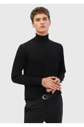 Black Full Turtleneck Plain Knit Wool Blend Knitwear - 3