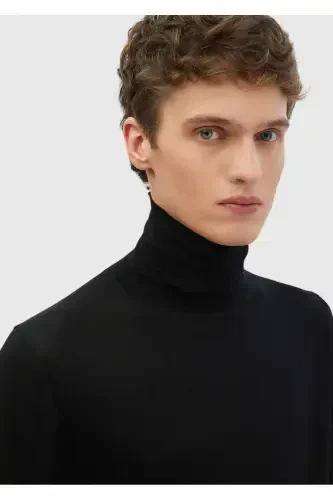Black Full Turtleneck Plain Knit Wool Blend Knitwear - 4