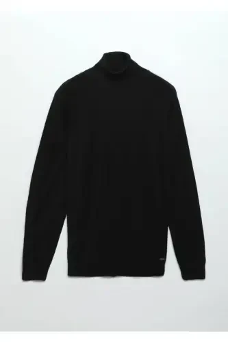 Black Full Turtleneck Plain Knit Wool Blend Knitwear - 7