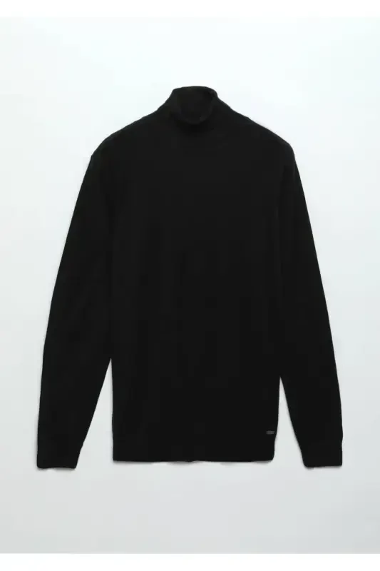 Black Full Turtleneck Plain Knit Wool Blend Knitwear - 7