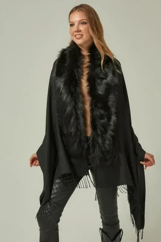 Black Fur Tassel Poncho NW11293 - 4