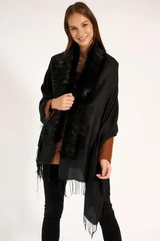 Black Fur Tassel Poncho NW11293 - 1