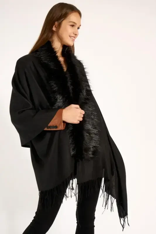 Black Fur Tassel Poncho NW11293 - 2