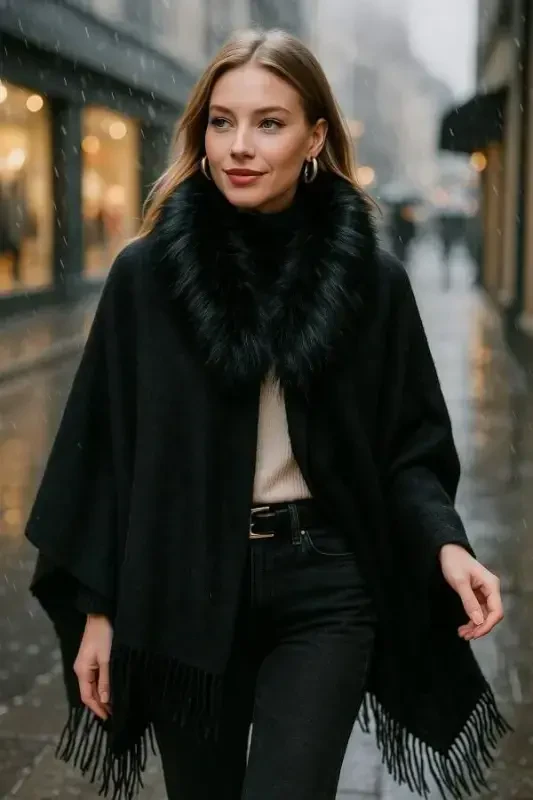 Black Fur Tassel Poncho NW11420 - 1