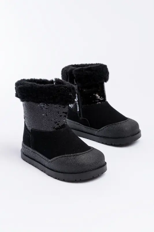 Black, furry, zippered, waterproof girls' boots - MODAZONE