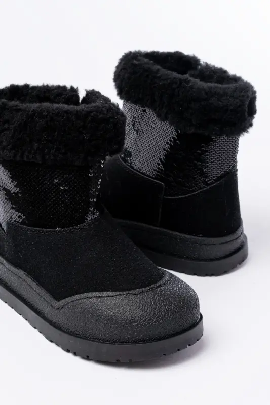 Black, furry, zippered, waterproof girls' boots - 4