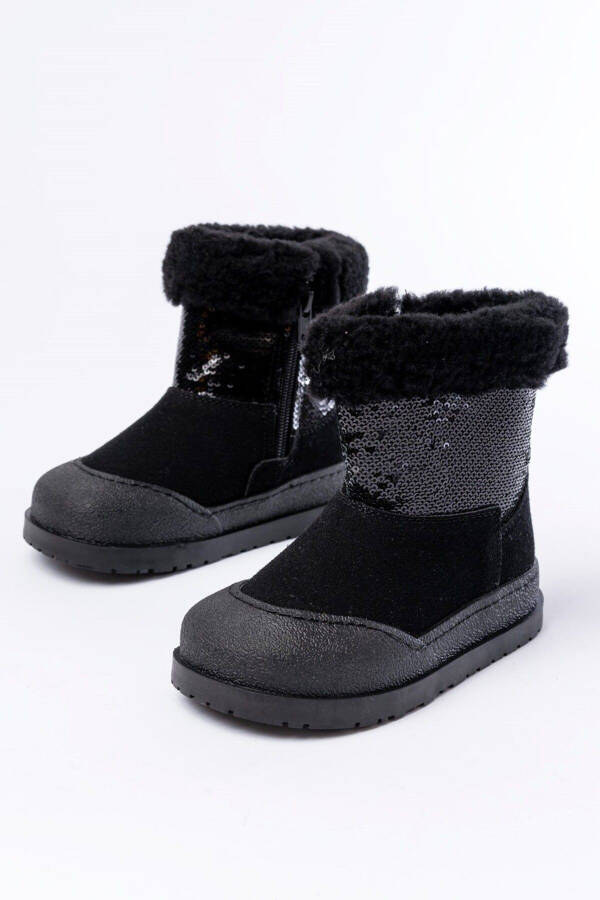 Black, furry, zippered, waterproof girls' boots - 1