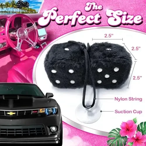 Black Fuzzy Dice Car Accessories - Plush Cute Car Accessories for Interior - Plush Rear View Mirror Hanging Ornament Decorations - Retro Y2K McBling 2000s Aesthetic Girly Decor - Black and White - 3