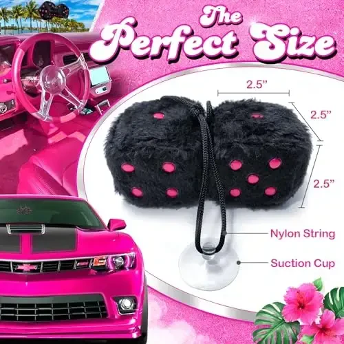 Black Fuzzy Dice Car Accessories – Plush Cute Pink Car Accessories for Interior - Plush Rear View Mirror Hanging Ornament Decorations - Retro Y2K McBling 2000s Aesthetic Decor - (Black Pink) - 3