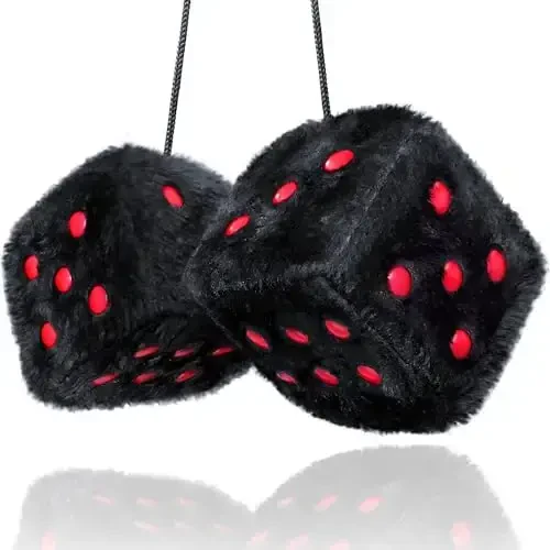 Black Fuzzy Dice for Car - Rear View Mirror Plush Cute Car Accessories for Interior - Auto Rearrview Hanging Ornament Decorations - Cool Classic Retro 1970s Aesthetic Automotive Decor - Black and Red 