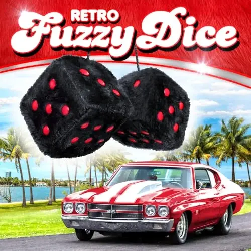 Black Fuzzy Dice for Car - Rear View Mirror Plush Cute Car Accessories for Interior - Auto Rearrview Hanging Ornament Decorations - Cool Classic Retro 1970s Aesthetic Automotive Decor - Black and Red - 2