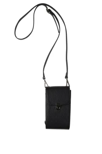 Black Genuine Leather Crossbody Phone Bag and Zippered Women's Bag with Card Holder - Black 