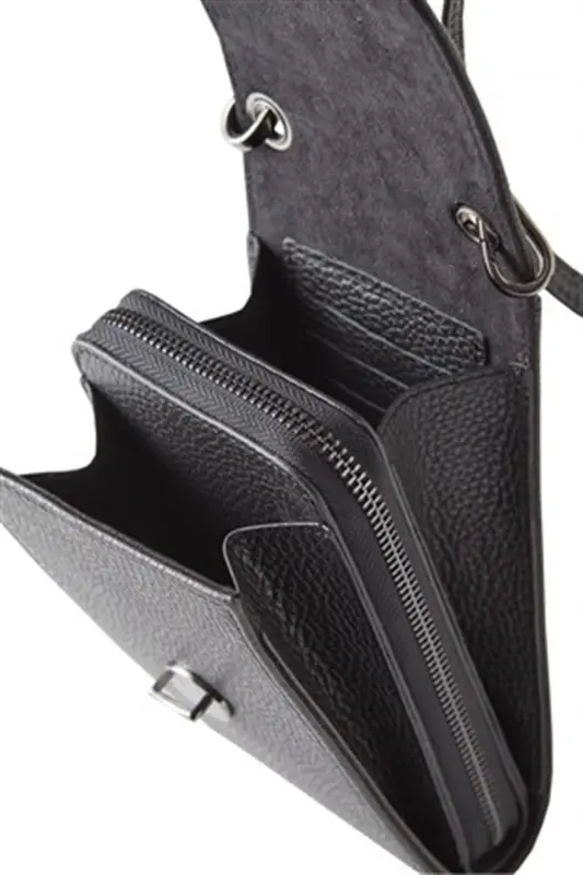 Black Genuine Leather Crossbody Phone Bag and Zippered Women's Bag with Card Holder - Black - 5