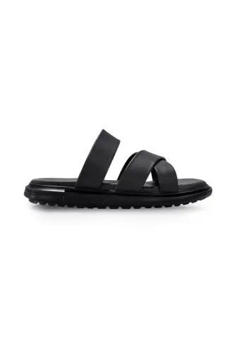 Black Genuine Leather Slippers - 1