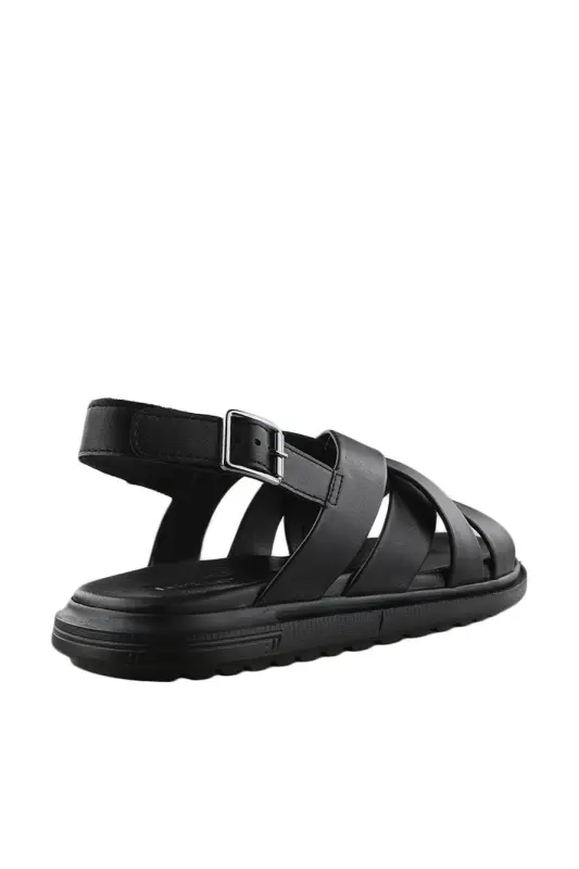 Black Genuine Leather Strap Detail Sandal - 3