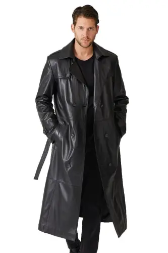 Black genuine leather trench coat, double-breasted button closure, slits, lined and belted. - 1