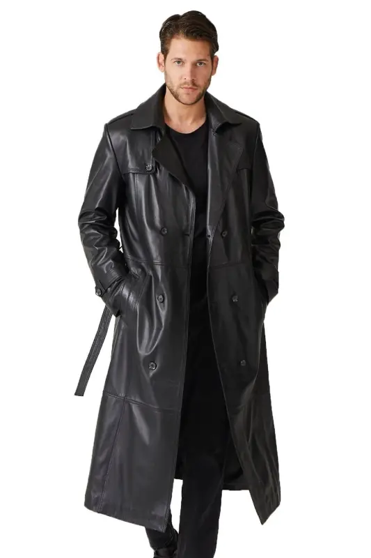 Black genuine leather trench coat, double-breasted button closure, slits, lined and belted. - 1