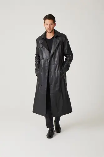 Black genuine leather trench coat, double-breasted button closure, slits, lined and belted. - 2