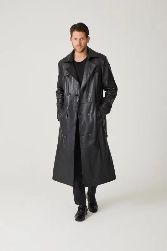 Black genuine leather trench coat, double-breasted button closure, slits, lined and belted. - 2