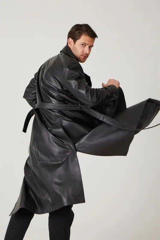 Black genuine leather trench coat, double-breasted button closure, slits, lined and belted. - 4