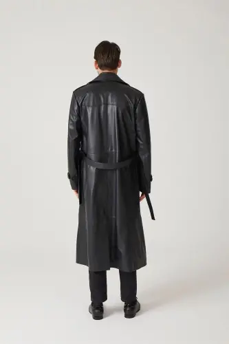 Black genuine leather trench coat, double-breasted button closure, slits, lined and belted. - 5
