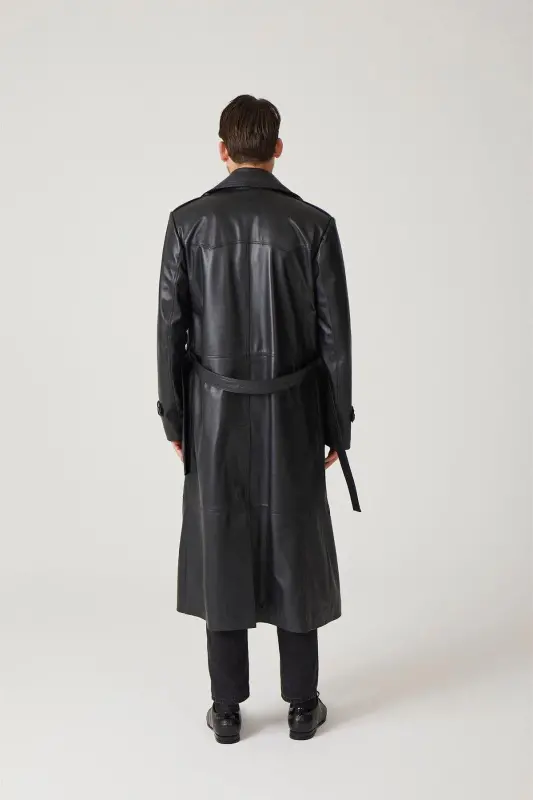 Black genuine leather trench coat, double-breasted button closure, slits, lined and belted. - 5