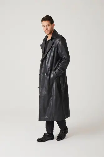 Black genuine leather trench coat, double-breasted button closure, slits, lined and belted. - 6