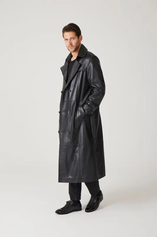 Black genuine leather trench coat, double-breasted button closure, slits, lined and belted. - 6