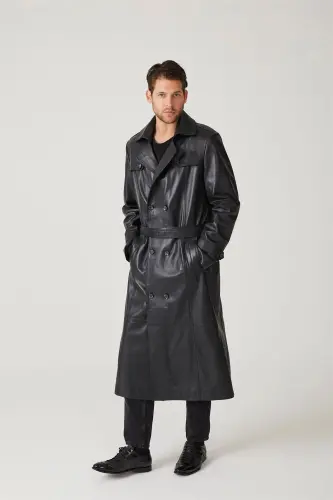 Black genuine leather trench coat, double-breasted button closure, slits, lined and belted. - 7