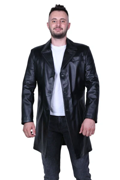 Black genuine leather trench coat for men. - EYLÜL DERİ
