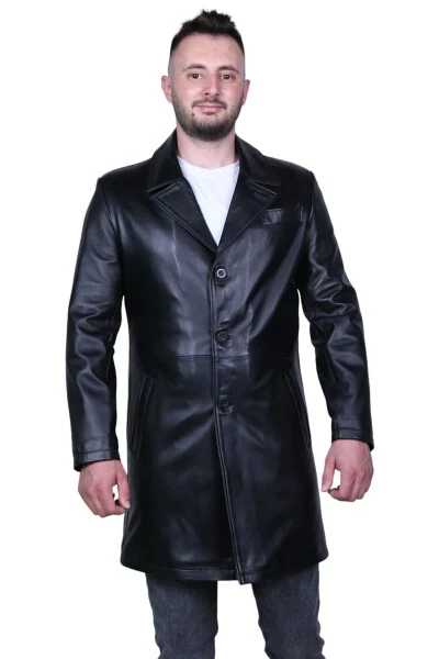Black genuine leather trench coat for men. - EYLÜL DERİ (1)