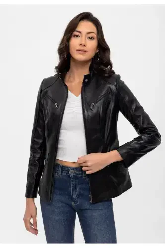 Black genuine leather women's jacket with snap details, collar, lined. - DERIDERIM (1)