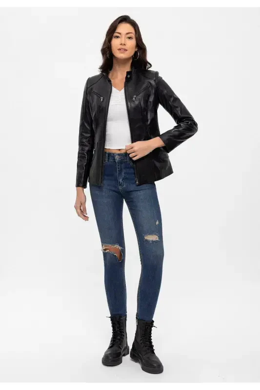 Black genuine leather women's jacket with snap details, collar, lined. - 4