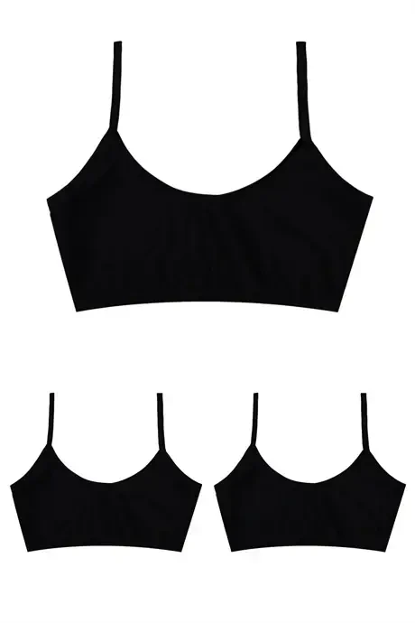 Black Girls' Crop Tank Top Padded Cotton Training Bra 3 Pack - BÜYÜKBEDENIZ