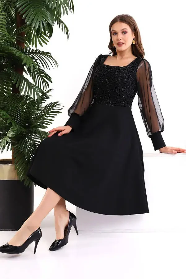 Black Glitter Round Neck Dress F119 - 3