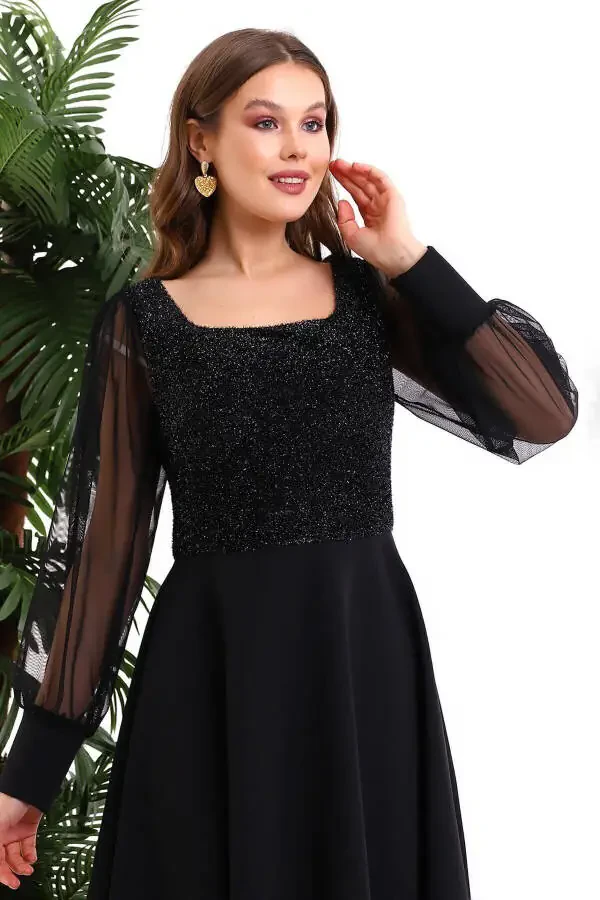 Black Glitter Round Neck Dress F119 - 5