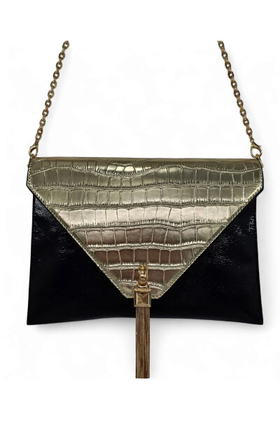 Black & Gold Crocodile Chain Strap Women's Portfolio & Clutch Bag - 6