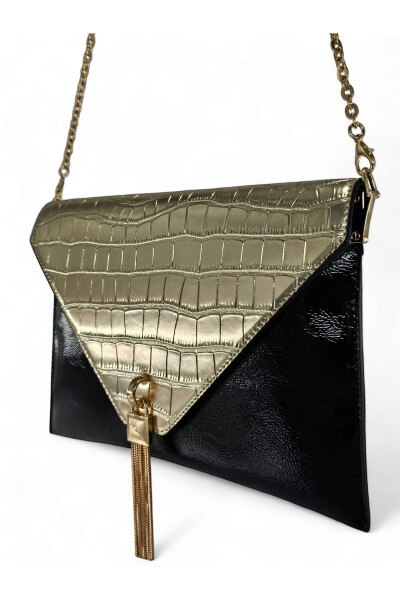 Black & Gold Crocodile Chain Strap Women's Portfolio & Clutch Bag - 7